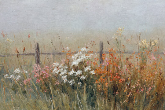 Impressionist style oil painting of flower meadow and rural landscape. Brush strokes clearly visible