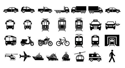 Comprehensive vector icon set of various transportation vehicles for land, air, and sea travel