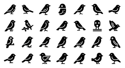 Collection of thirty minimalist bird vector icons. Simple black silhouettes of sparrows, finches, and other small birds for universal symbols kufu (888)