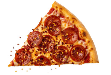 Crushed red pepper flakes sprinkled over pizza slice, vibrant colors, transparent