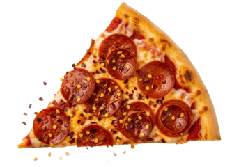 Crushed red pepper flakes sprinkled over pizza slice, vibrant colors, transparent