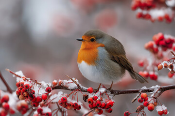 A robin bird pecking at red berries on a frozen bush in winter forest