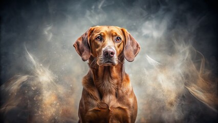 Double Exposure Brown Dog Portrait: Serene Canine in Gray Abstract