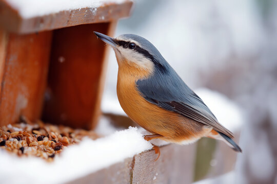 A close-up of a nuthatch eating seeds from a wooden feeder surrounded by snow
