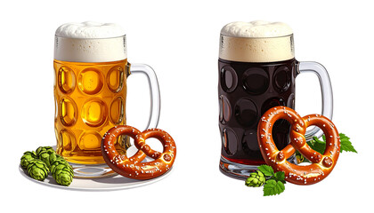 Two Oktoberfest beer and pretzel variations isolated on transparent background.