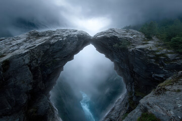 Fototapeta premium Stunning stone archway above misty valley in Norway during twilight hours