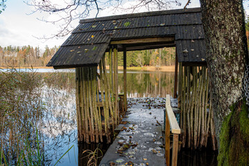 autumn landscape, lake shore, day by the lake, fisherman's hut by the lake, Vaidava Lake, Latvia