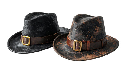 Two Pilgrim hat variations with historical design details isolated on transparent background.