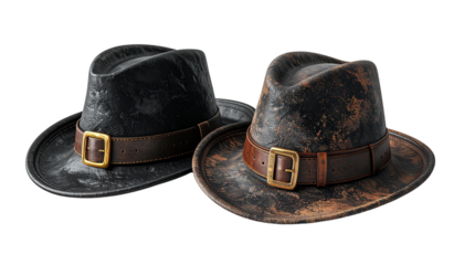 Two Pilgrim hat variations with historical design details isolated on transparent background.
