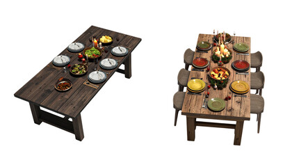 Two Orthodox Christmas Eve table variations with twelve dishes isolated on transparent background.