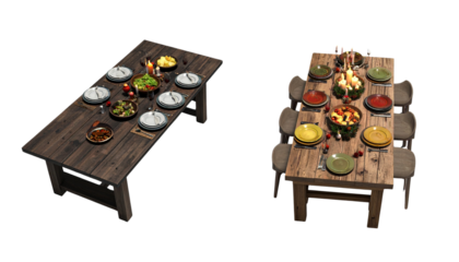 Two Orthodox Christmas Eve table variations with twelve dishes isolated on transparent background.