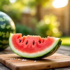 Juicy watermelon wedge on wooden board with sunlight in garden background