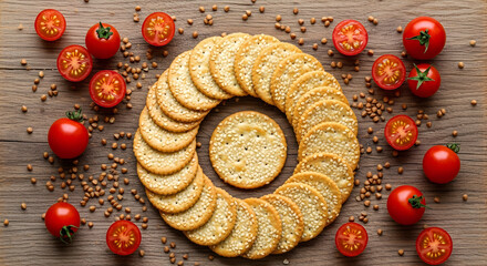 Wholesome Crackers with Ripe Cherry Tomatoes - Rustic Snack & Appetizer Food Arrangement