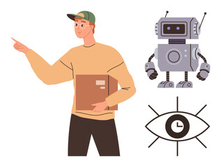Man pointing to the side carrying cardboard box, humanoid robot with antennas and gears, clock inside an eye as a symbol of time and vision. Ideal for technology, robotics, automation, time