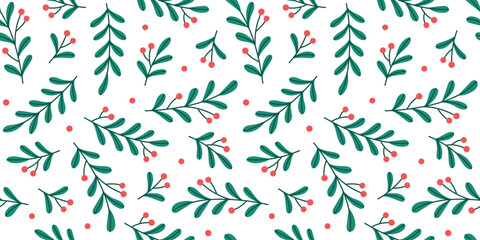 Seamless pattern with winter plants. Vector Christmas New Year design with branches and berries.