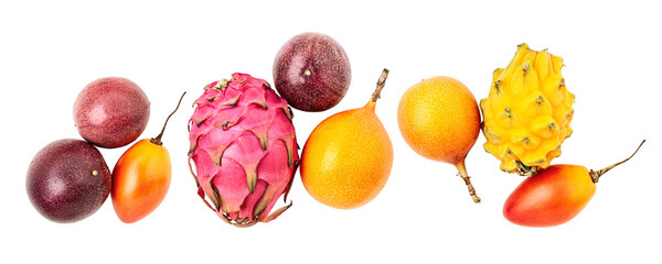 Healthy food selection. Exotic tropical fruits  banner collection flat lay isolated PNG without...