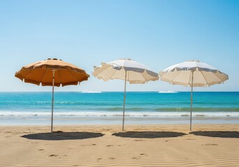 Fototapeta premium Three beach umbrellas on sandy shore against clear turquoise ocean and blue sky