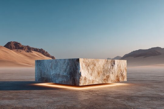 Large Product Ad Podium Monolithic stone podium in a desert photoshoot sunset glow vast dunes behind empty space for a bold product