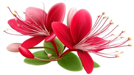 An illustration of two orange flowers in bloom, featuring long stamens and delicate green leaves, is particularly vibrant