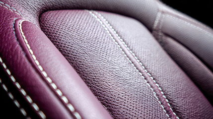 Detailed view of purple textured leather upholstery with double white stitching showing premium vehicle seat craftsmanship and material quality