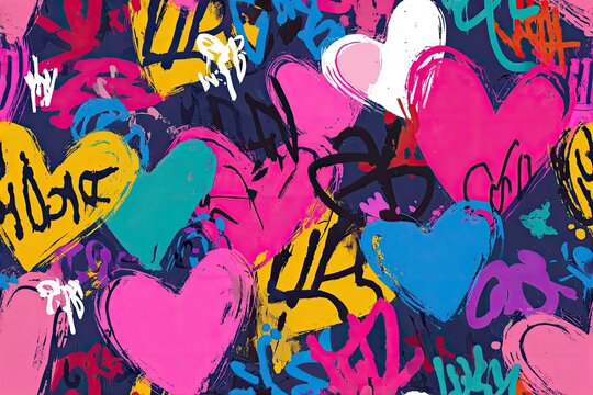 Fabric texture seamless pattern background Graffiti Hearts and Chaos Oversized spray-painted hearts mixed with rebellious scribbles for edgy teens