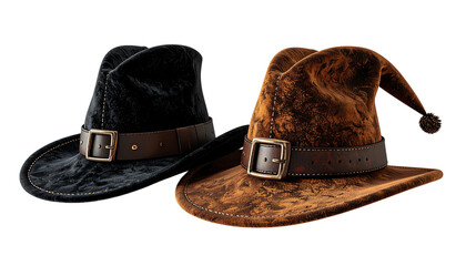 Two plush Pilgrim hat variations with festive texture and holiday style isolated on transparent background.