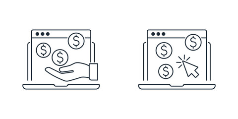  Website and content monetization. Earning money on the Internet.Vector linear icon illustration isolated on white background.