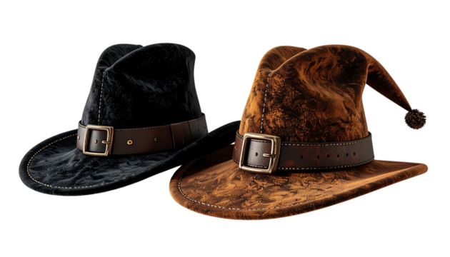 Two plush Pilgrim hat variations with festive texture and holiday style isolated on transparent background.