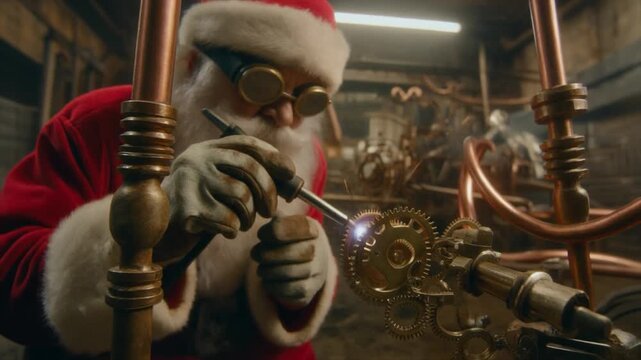 Steampunk Santa Claus Welding Gold Gears in Workshop with Warm Lighting and Festive Spirit