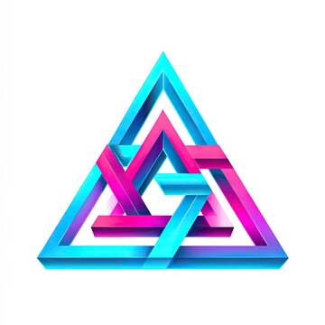 A futuristic geometric logo with interlocking triangles neon pink and cyan abstract and edgy isolated on white background