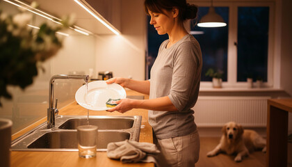 Woman washing dishes in the kitchen at home