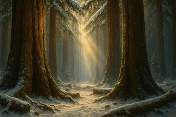Majestic Snow Covered Giant Sequoia Trees Forest Path with Golden Sunlight Rays Winter Woodland Cathedral
