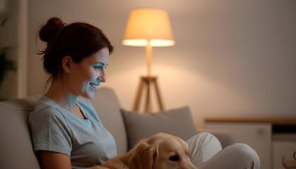 Woman sitting on the sofa with her dog looking at her mobile phone