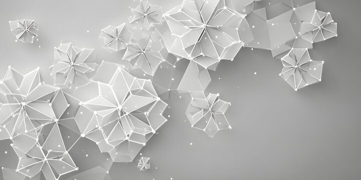 Geometric abstract shapes in a white and gray palette are arranged across the frame, creating a modern, minimalist composition with a network of connecting lines and a soft lighting effect.