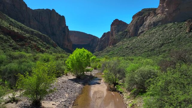 Aerial view of the Apache Trail winding through Tonto National Forest, with rugged mountains framing the lush green vegetation alongside a stream, Apache Junction, Arizona, United States.