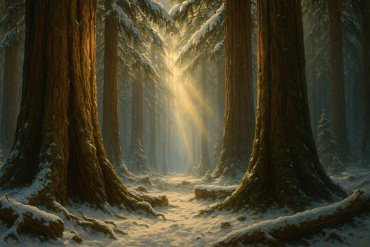 Majestic Snow Covered Giant Sequoia Trees Forest Path with Golden Sunlight Rays Winter Woodland Cathedral