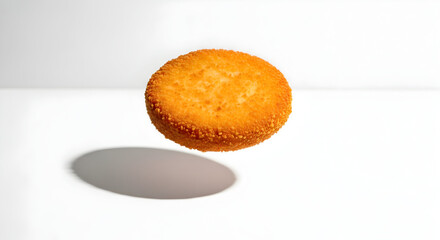 Golden Baked Muffin Levitation: Delicious Pastry Delight on White Background