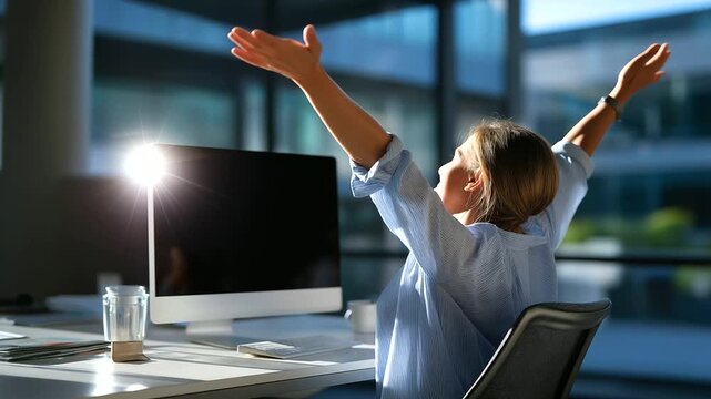 Faceless worker reaching arms overhead at a modern standing desk, sunlight glinting on computer monitor, blurred background for calm mood, with copy space.