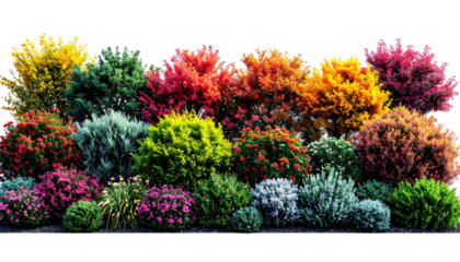 Row of vibrant colorful bushes against a black backdrop