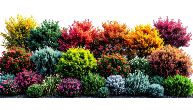 Row of vibrant colorful bushes against a black backdrop