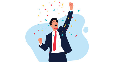 A successful businessman in a suit celebrates a significant achievement with arms raised and confetti falling, expressing joy and triumph.