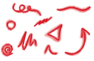 Transparent Watercolor Red Hand-Drawn Shapes: Arrow, Circle, Triangle, Line, Swirl, and Wave Isolated on White Background for Design Elements