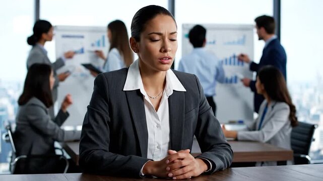 A concerned businesswoman sits in a business meeting, with other colleagues blurred in the background