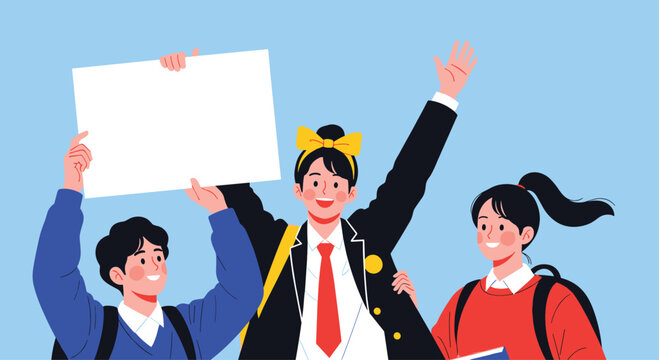 Happy and excited students, one holding a blank sign for a message, celebrating success and future aspirations together.