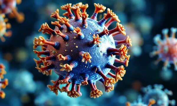 Close-up 3D rendering of a blue coronavirus with orange spikes against a dark blurred background
