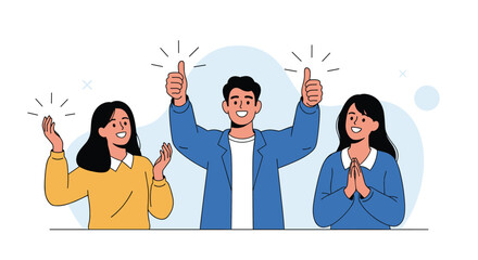 Three smiling diverse people celebrating success and showing approval with positive hand gestures.