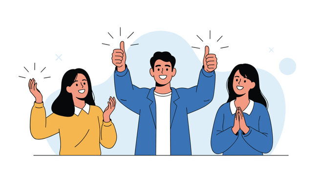 Three smiling diverse people celebrating success and showing approval with positive hand gestures.