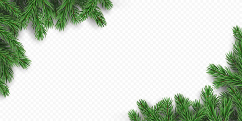 Vector frame with pine tree branches and shadows, isolated on a transparent background. Holiday border fir tree branch for winter banner, poster, greeting card.