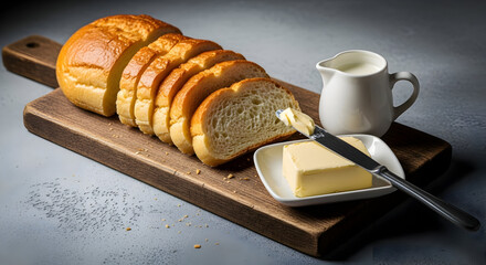 Freshly Baked Bread Slices with Butter & Milk: A Delicious Breakfast Essential