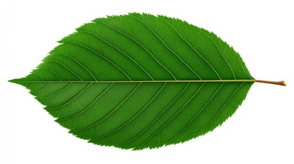 A detailed representation of a green leaf is presented, showcasing its slender stem and the intricate network of its veins